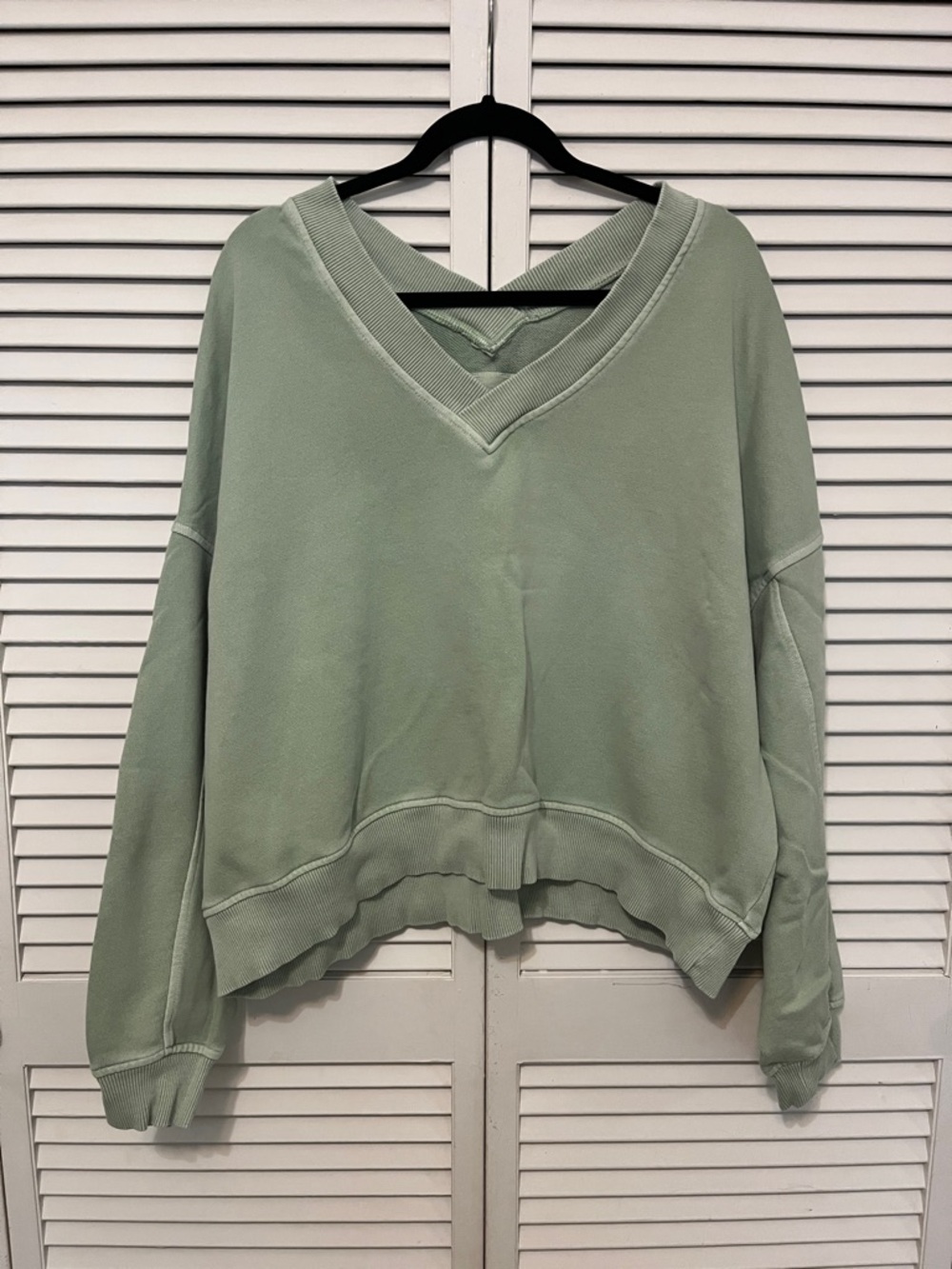 aerie Oversized V-Neck Sweatshirt in Sage Green